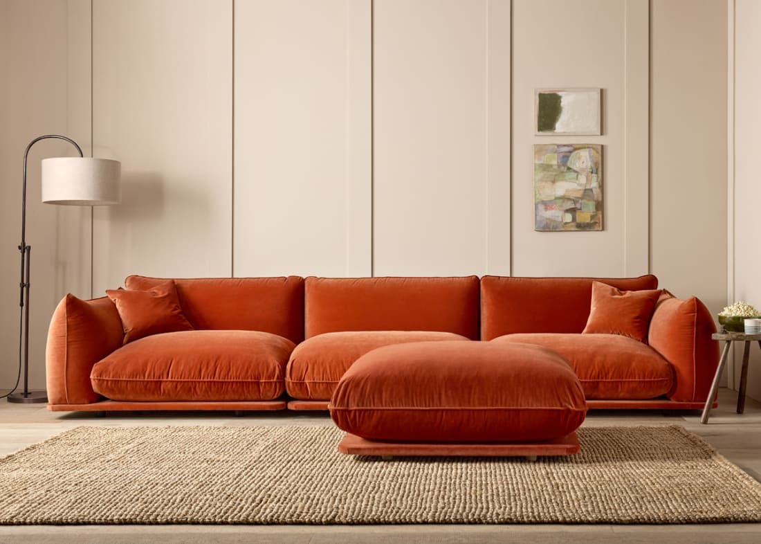 Blockbuster Modular Sofa + Footstool in Broken Pot Orange Velvet