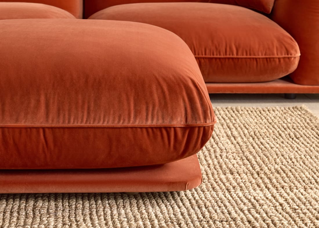 Blockbuster Modular Sofa + Footstool in Broken Pot Orange Velvet