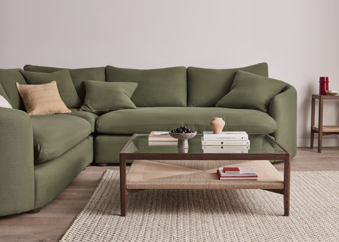 Square Keepsake Coffee Table in Dark Oak with the Curvella Corner Sofa