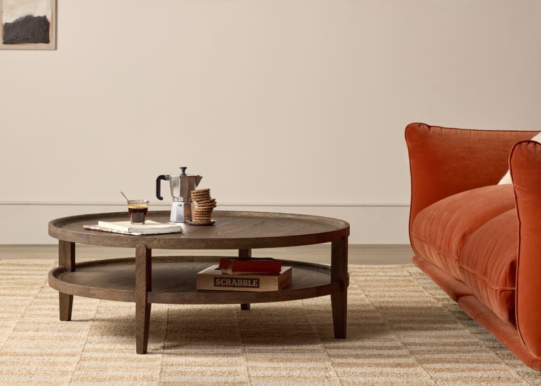 Hobnob Coffee Table in Dark Oak in Broken Pot Orange Velvet