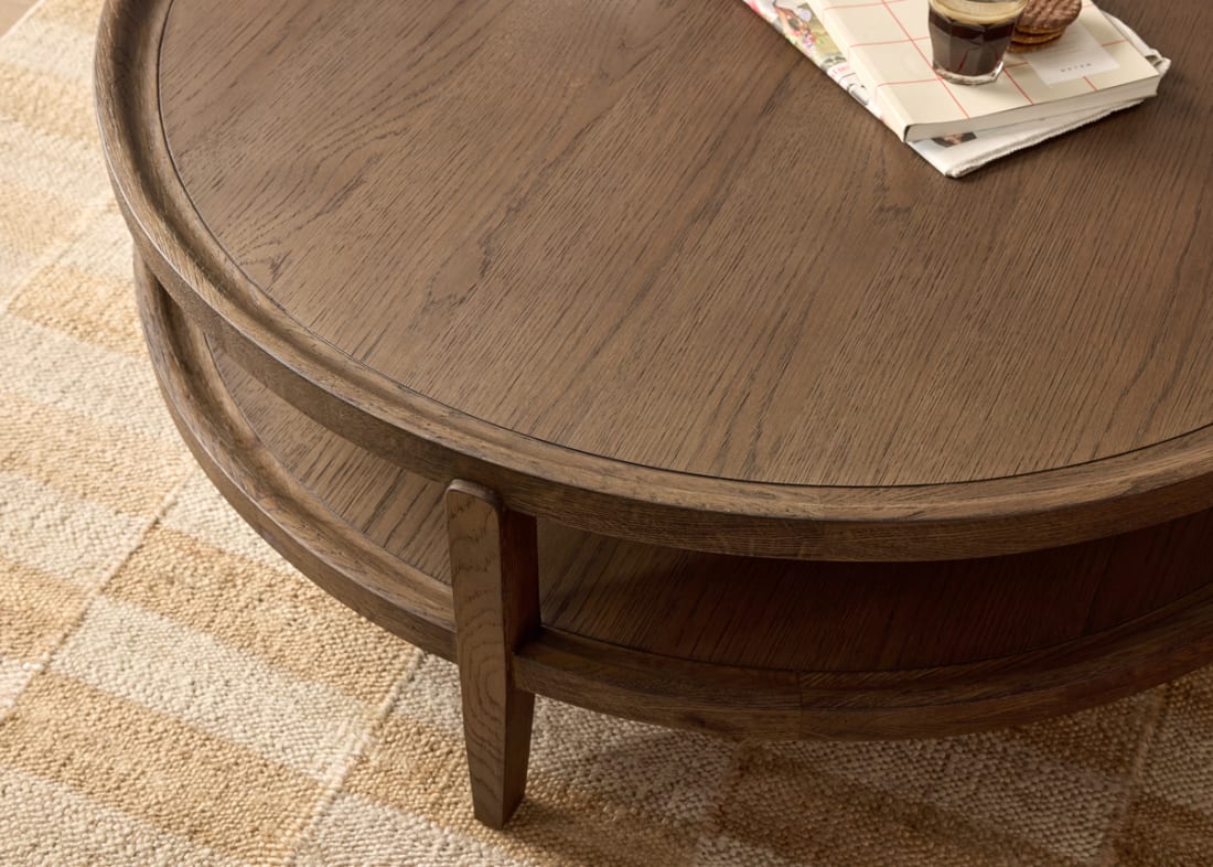 Hobnob Coffee Table in Dark Oak in Broken Pot Orange Velvet
