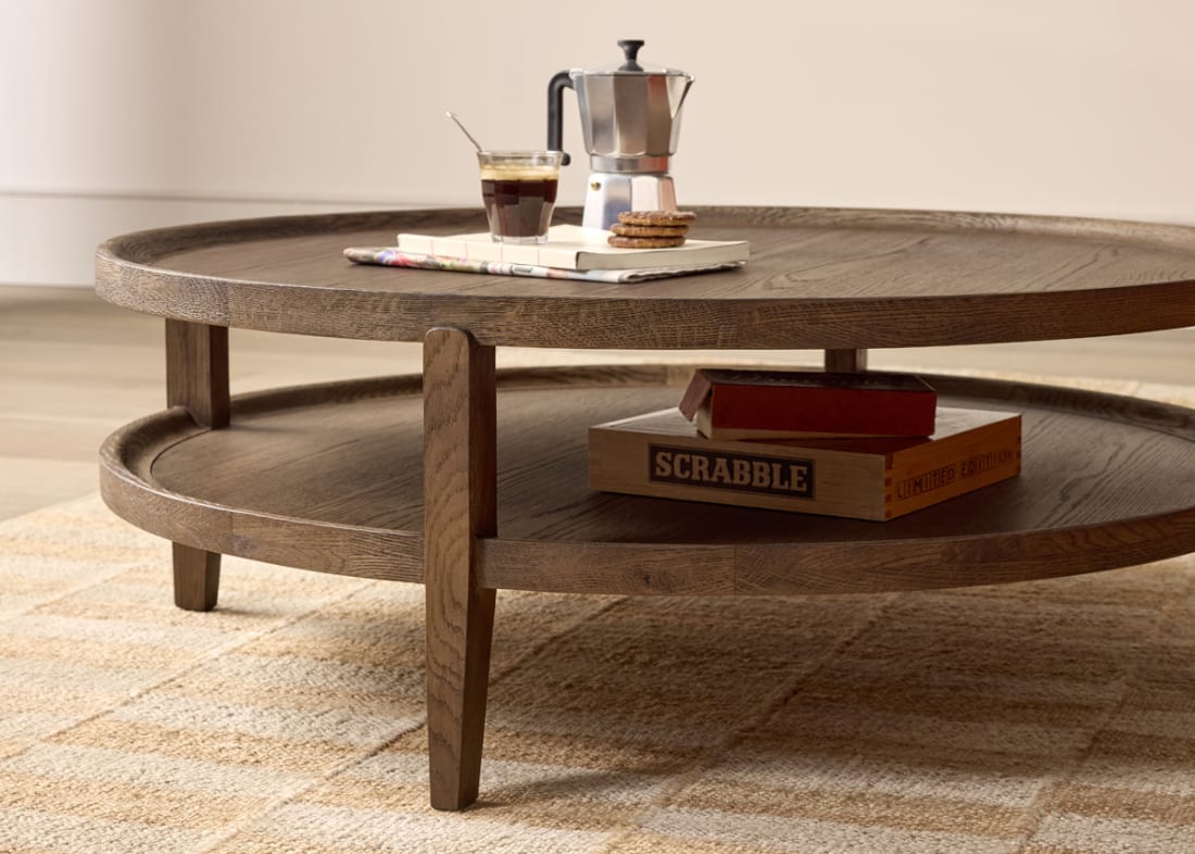 Hobnob Coffee Table in Dark Oak in Broken Pot Orange Velvet