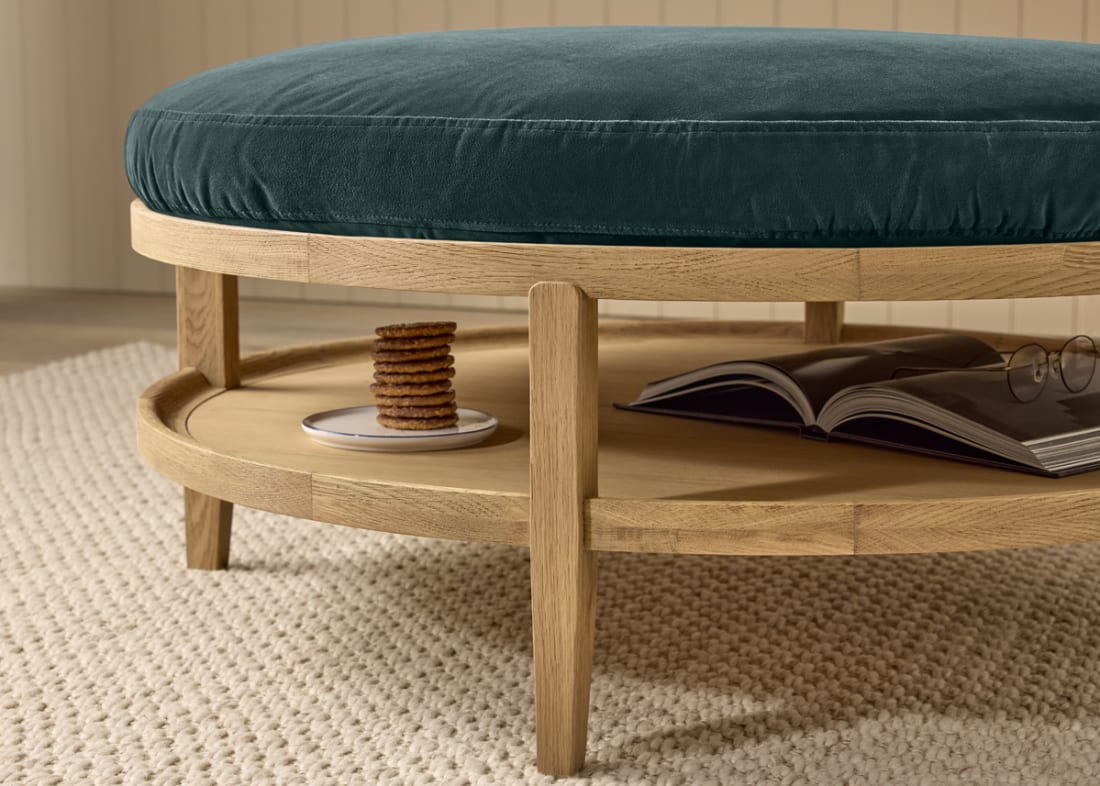 Hobnob Coffee Table in Light Oak in Sopping Seagrass Teal Velvet