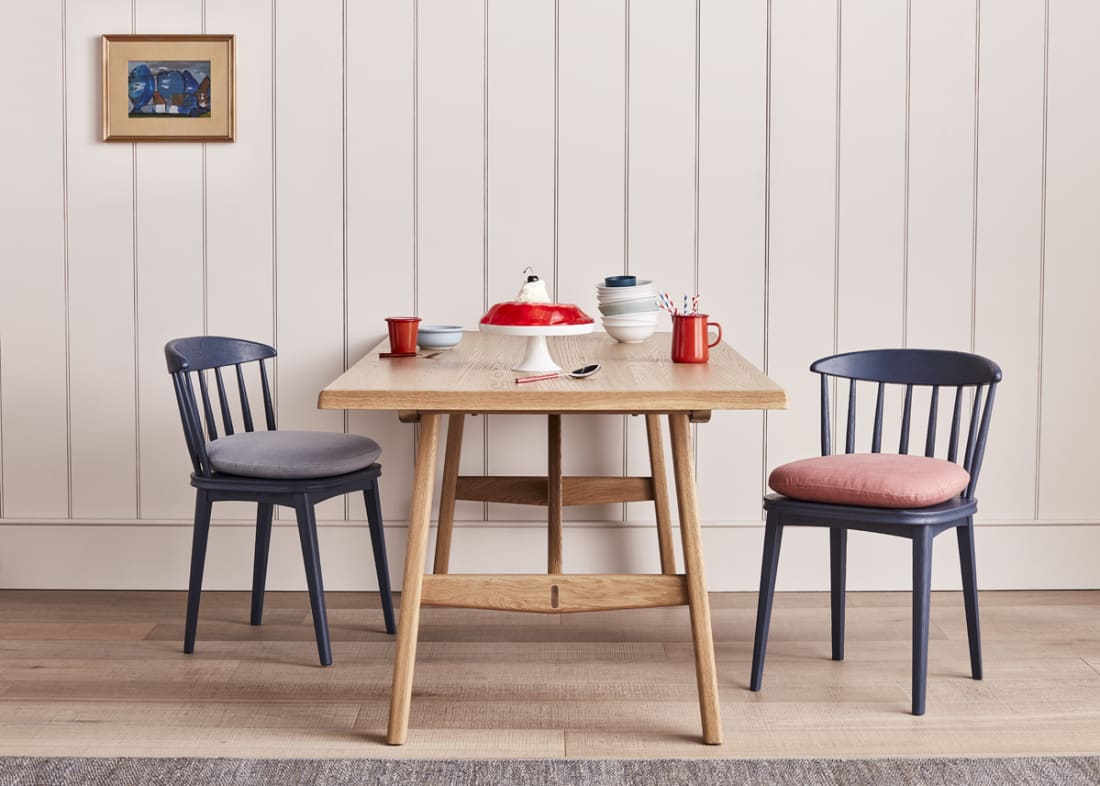 Painted Drummer Pair of Chairs in Shipping Forecast with Barney Kitchen Table and Soft Scoop Seat Pad