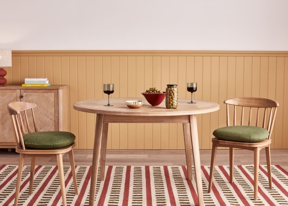 Pair of Drummer Kitchen Chairs in Light Oak with the Parquet Kitchen Table and Soft Scoop Seat Pads