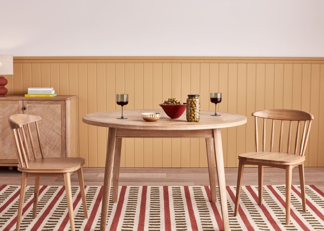 Pair of Drummer Kitchen Chairs in Light Oak with the Parquet Kitchen Table