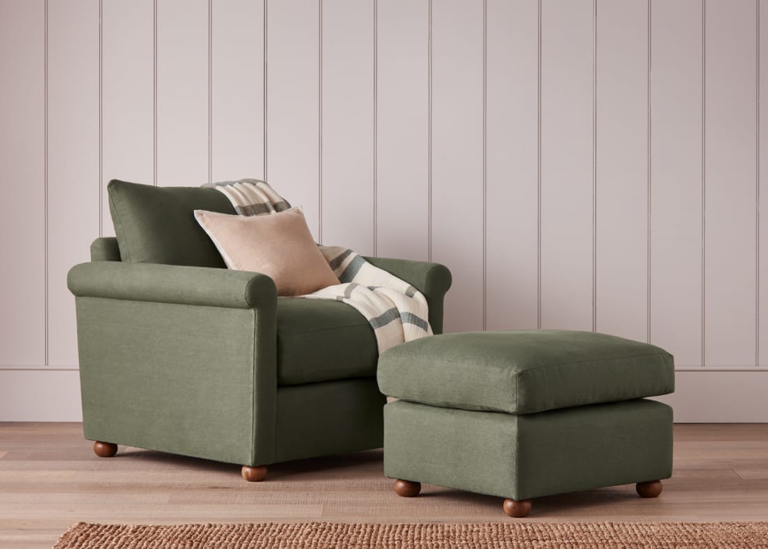 Queenie Footstool in Waxed Jacket Green Linen