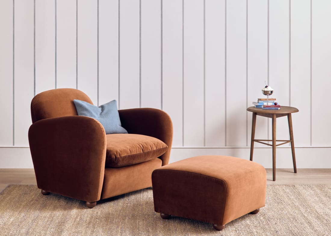 Nightcap Accent Chair with Footstool in School Satchel Brown Clever Velvet