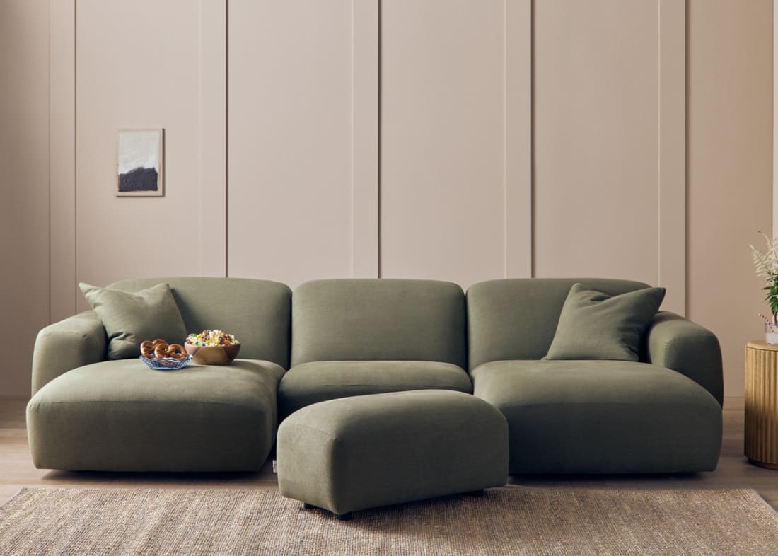 Squishblocks Chaise Cinema Sofa in Waxed Jacket Green Linen
