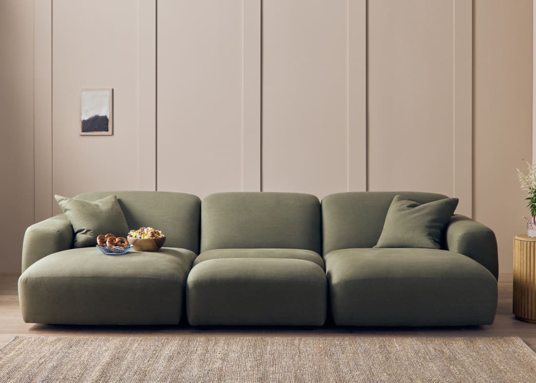 Squishblocks Chaise Cinema Sofa in Waxed Jacket Green Linen