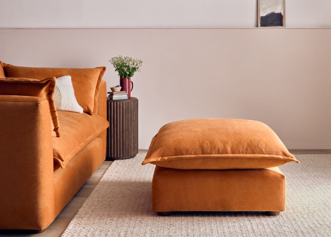 Weekender Footstool in Bobbing Bouy Orange Chenille