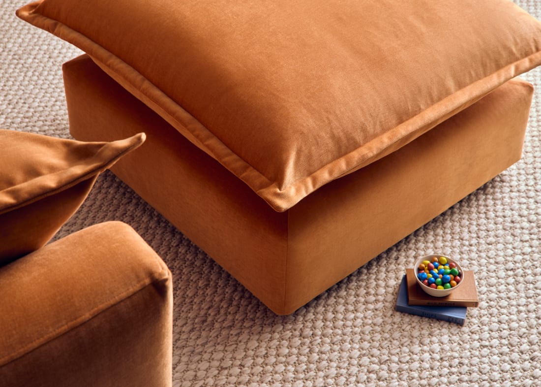 Weekender Footstool in Bobbing Bouy Orange Chenille