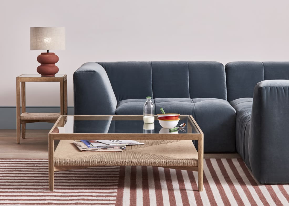 Square Keepsake Coffee Table in Light Oak with the Keepsake Side Table and Top of the Blocks Sofa
