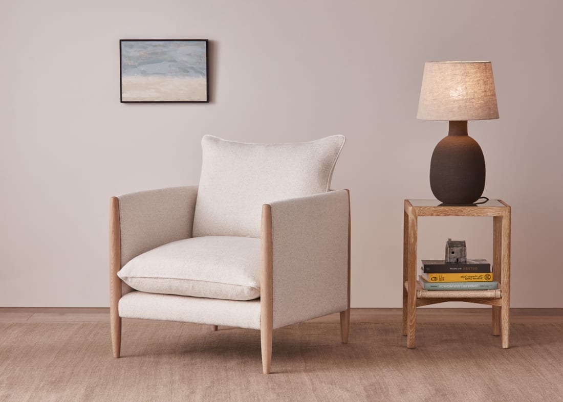 Spencer Accent Chair in Light Oak in Egg Box Beige Linen