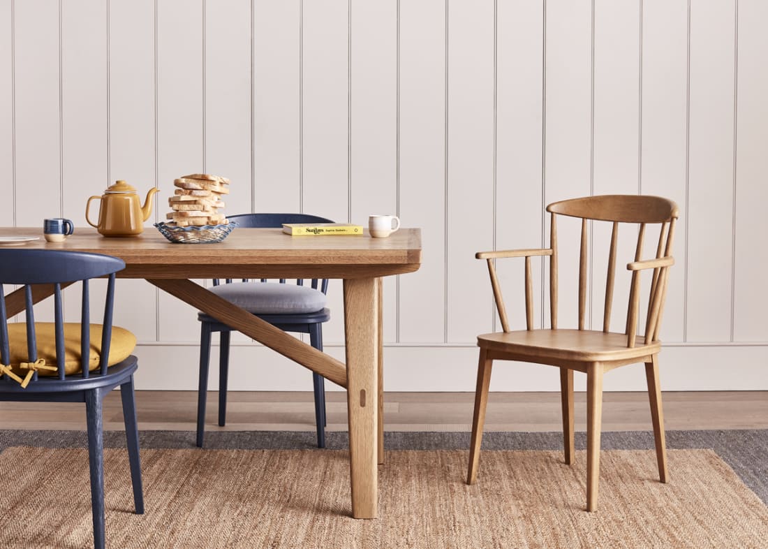 Drifter Kitchen Chair in Light Oak with the Barney Kitchen Table, Painted Drummer Kitchen Chairs and Soft Scoop Seat Pad