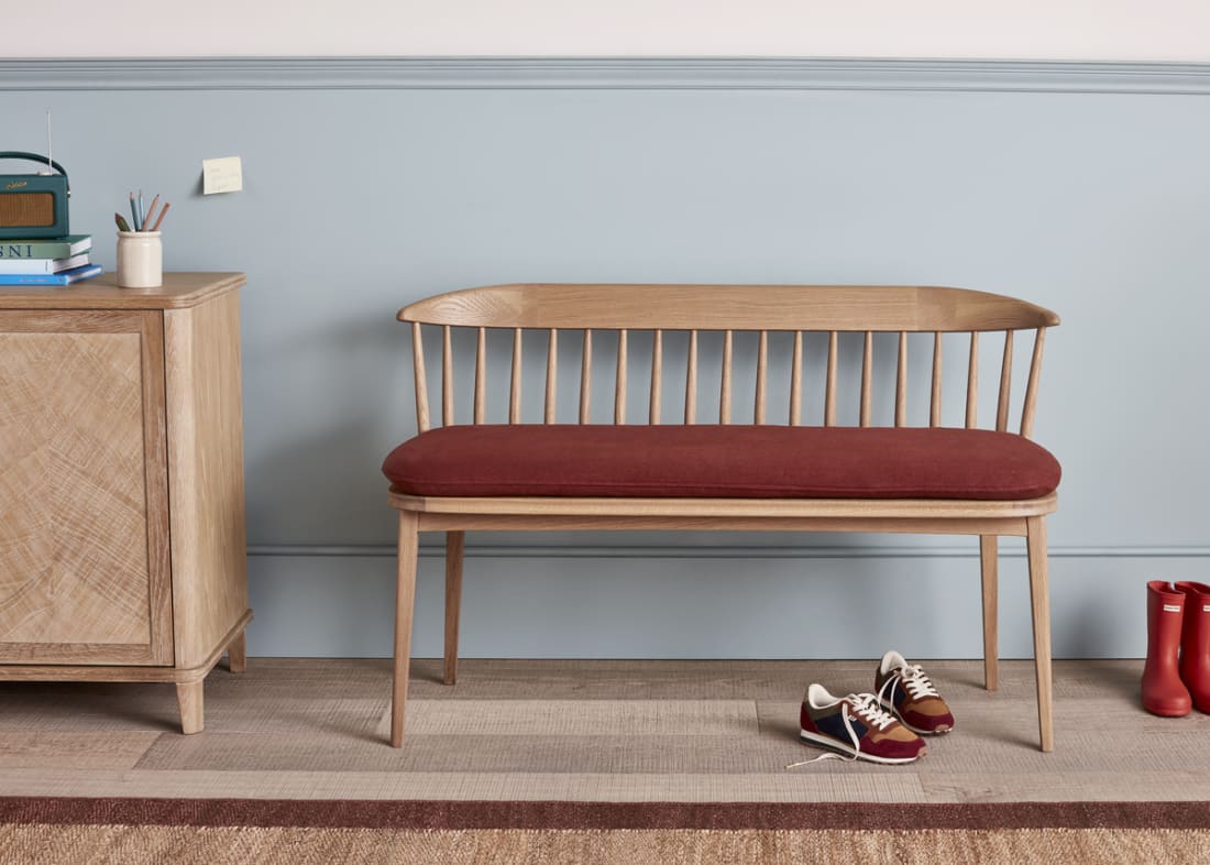 Drummer Bench in Light Oak in Quince Jam Clever Linen