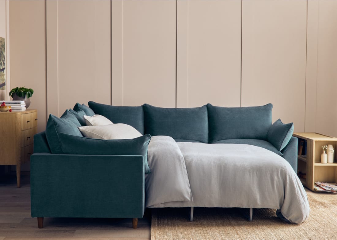 Slow Riser Corner Sofa Bed in Sopping Seagrass Teal Chenille