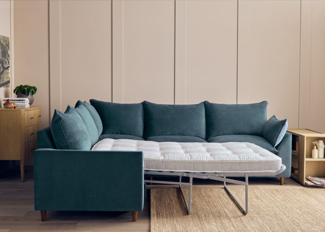 Slow Riser Corner Sofa Bed in Sopping Seagrass Teal Chenille
