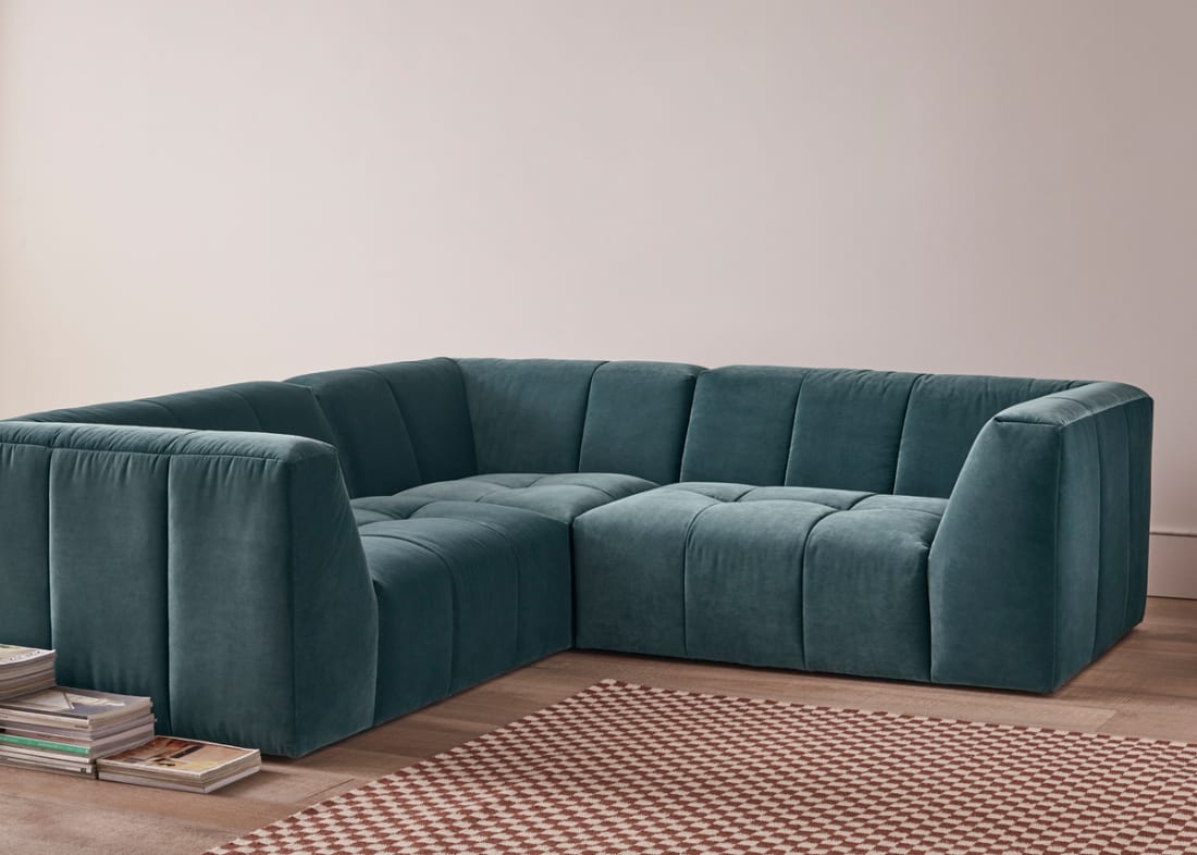 Top of The Blocks Corner Sofa in Sopping Seagrass Teal Velvet