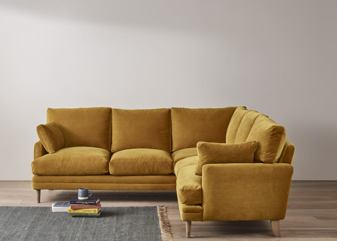 Even Sided Corner Squisharoo Sofa in Butterscotch Clever Velvet