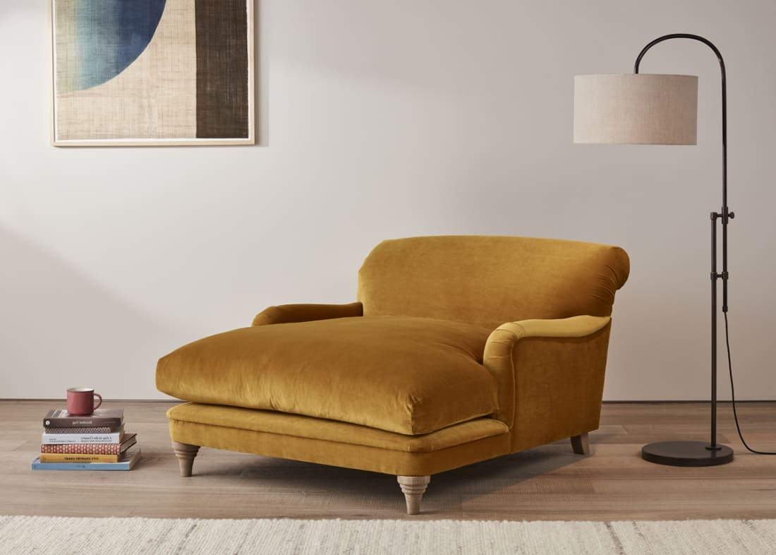 Pudding Love Seat Chaise in Thatch House Fabric