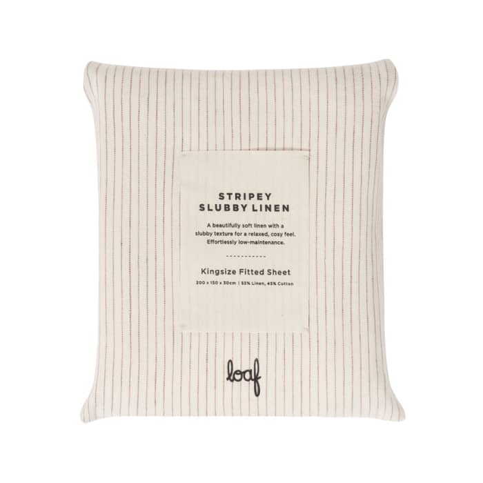 Stripey Slubby Linen Fitted Sheet Double in Raspberry Fool