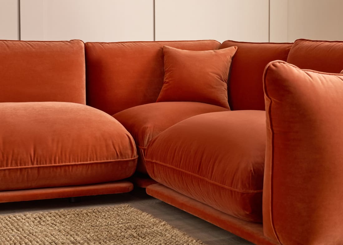 Blockbuster Modular Corner Sofa in Broken Pot Orange Velvet
