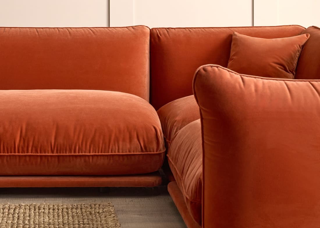Blockbuster Modular Corner Sofa in Broken Pot Orange Velvet