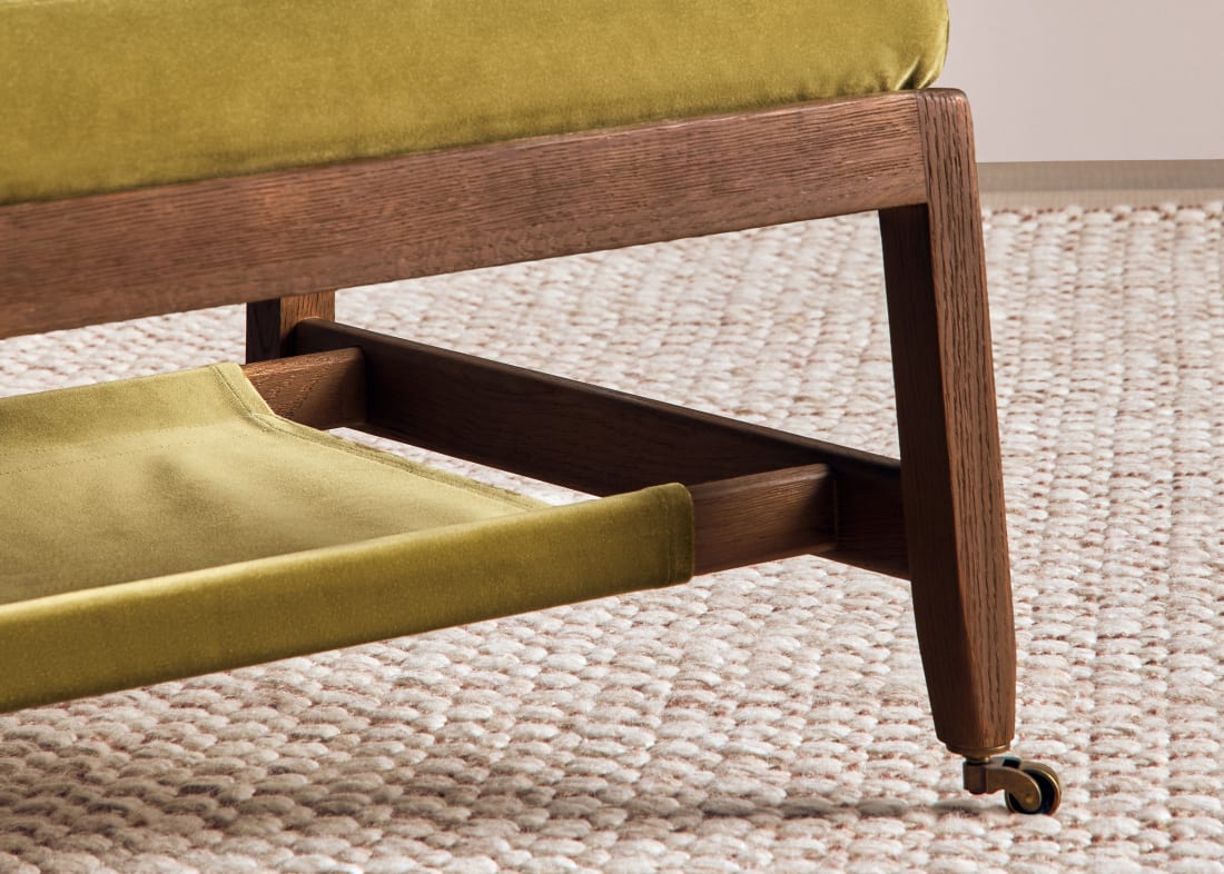 Slingshot Coffee Table in Pressed Olives Velvet and Dark Oak