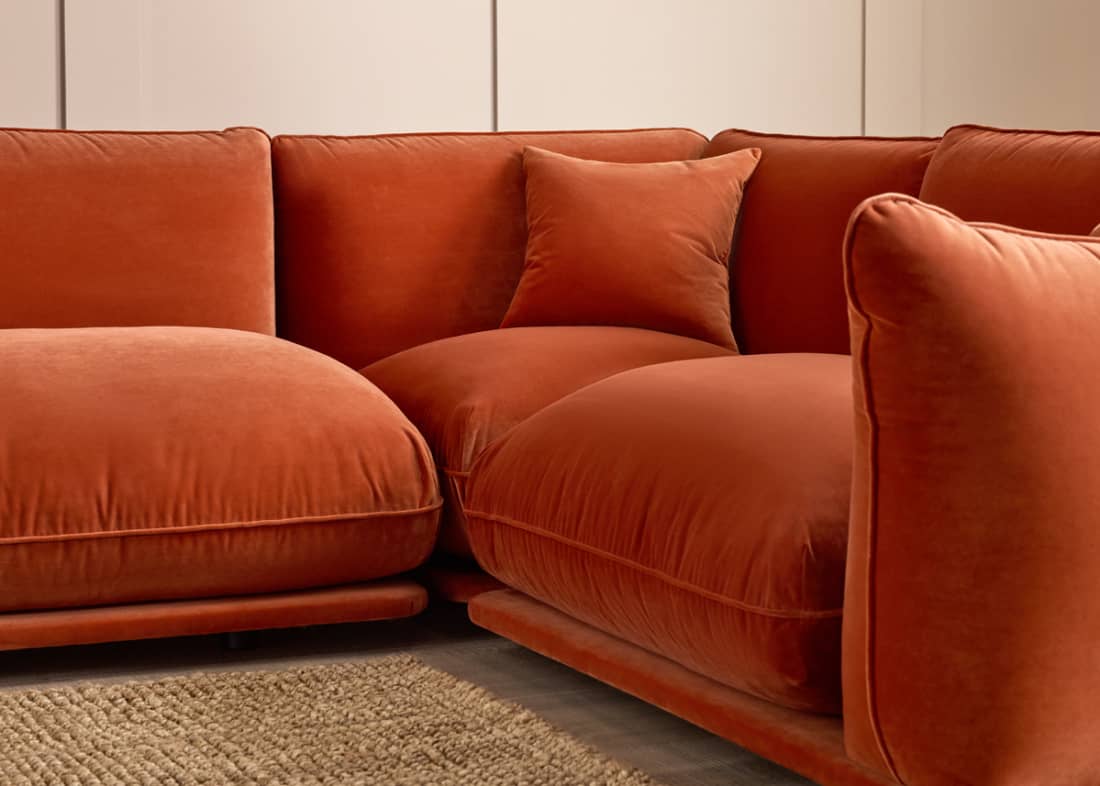 Blockbuster Modular Corner Sofa in Broken Pot Orange Velvet